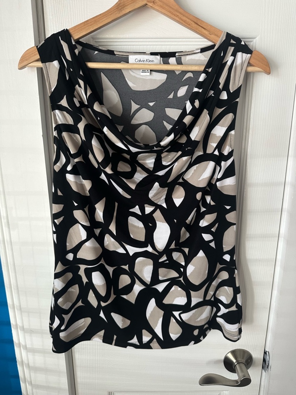 Calvin Klein Black and Cream Patterned Cowl Neck Sleeveless Top